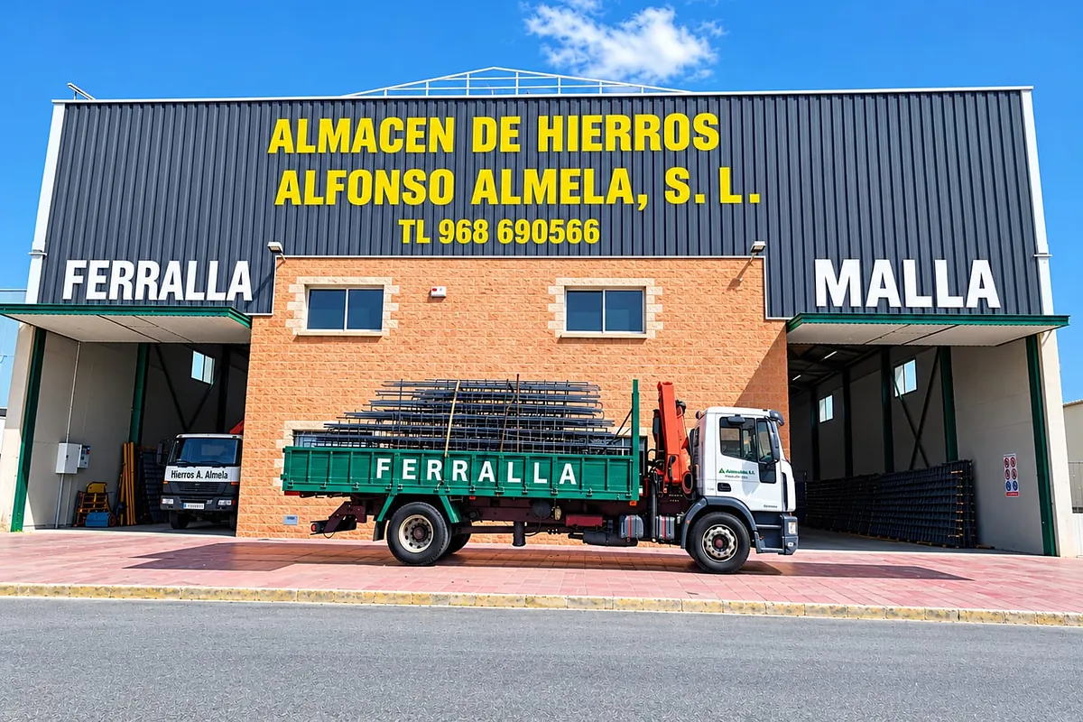 Camión grúa «FERRALLA» sobre la báscula, delante de la nave de Hierros Almela en Ceutí.